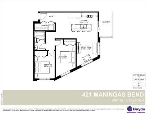 Floor plan for 2 beds, 1 bath, 877 sqft